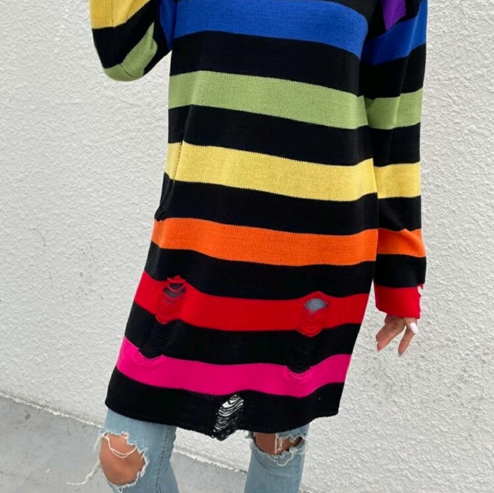 Drop Shoulder Rainbow Striped Pattern Sweater Dress - Picture 4 of 11